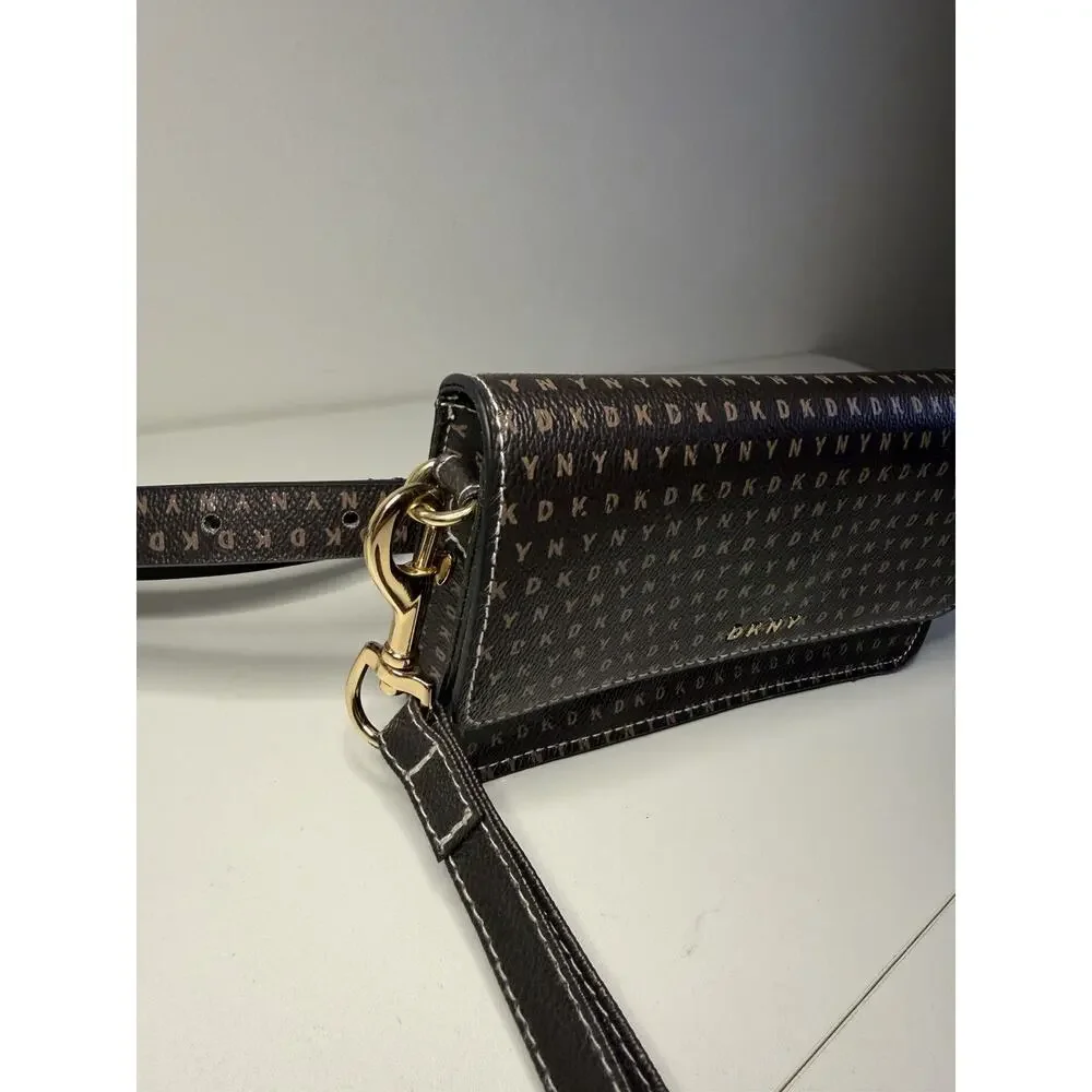 DKNY Convertible Belt Bag Wristlet Pouch Brown Monogram Logo Fanny Pack Clutch